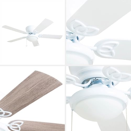 Indoor Ceiling Fan with Light - 52 Inch White & Gray Oak Blades, Flush Mount, Quiet 3-Speed