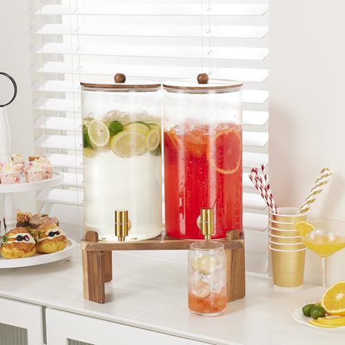 FavorFlavor 2-Pack 1.5 Gallon Glass Drink Dispenser with Wooden Stand
