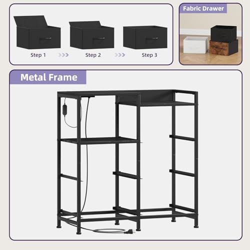 Somdot Black Wide Bedroom Nightstand with 5 Drawers, Charging Station & LED Light - 11.4"D x 26.2"W x 27.8"H