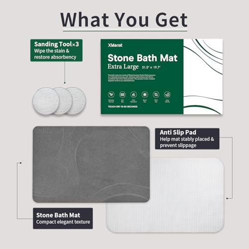 XMarrat Extra Large Dark Grey Diatomaceous Earth Bath Mat 31.5"x19.7" Eco-Friendly