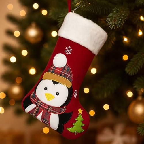 BOffer Red Penguin 20in Velvet Animal Christmas Stocking with 3D Deer, Bear, Snowman – Lined Xmas Stocking for Kids