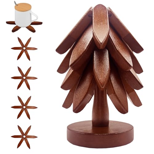 ALIKITCN Walnut Wood Christmas Tree Trivet Set – 4 Foldable Wooden Hot Dish Stands