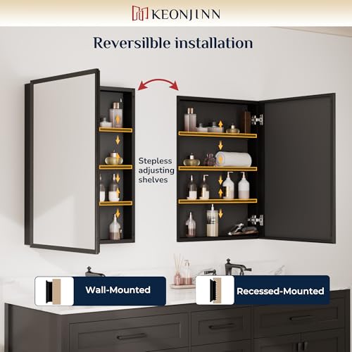 Keonjinn 15x19 Inch Black Medicine Cabinet Mirror with Beveled Frame - Assembly Needed