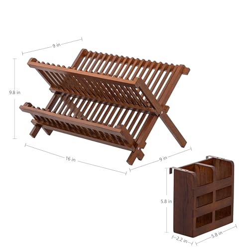 Teak Folding 2-Tier Dish Rack with Utensil Holder - Collapsible Kitchen Drying Stand