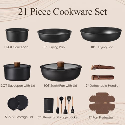 CAROTE 21-Piece Non-Stick Cookware Set with Detachable Handles - Black, Variant 21 Piece