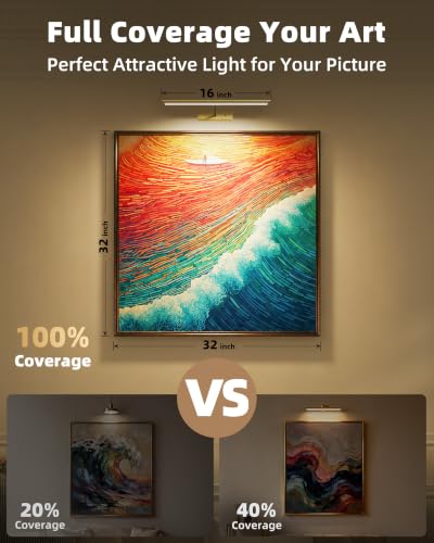 EZVALO 16 Inch Wireless Rechargeable LED Picture Light with IR Remote - Gold, 3 Color Temps, Dimmable, Magnetic Art Display Lighting (2 Pack)