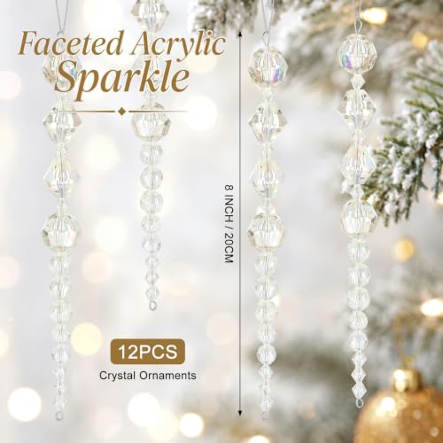 12 Pc Crystal Icicle Christmas Ornaments, Acrylic Bead Hanging Decor