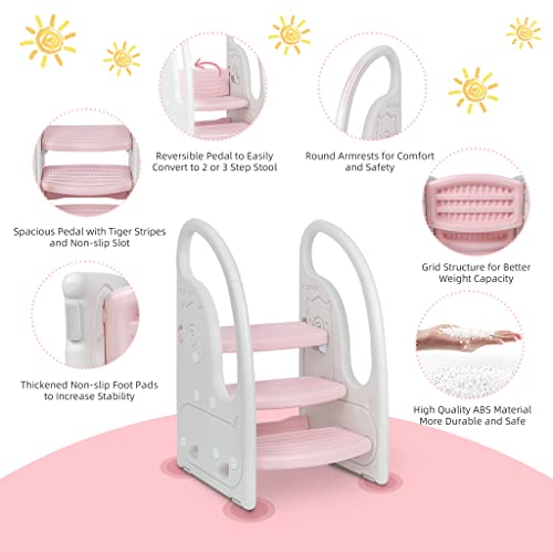 Pink Kids 3-Step Toddler Learning Tower Stool & Chair for Kitchen & Bathroom