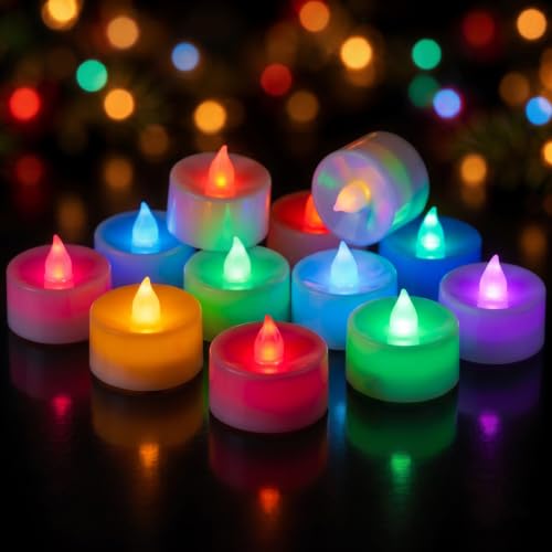 Homemory 12-Pack 7-Color Changing Flameless Tea Lights (White Body) – 200+ Hours