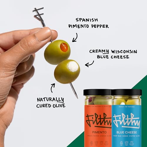Martini Cocktail Kit - Premium Dirty Martini Set with Olives & Garnishes - Gluten-Free, Pimento & Blue Cheese Stuffed, 4 Stainless Steel Picks - Variation: Martini Cocktail Kit
