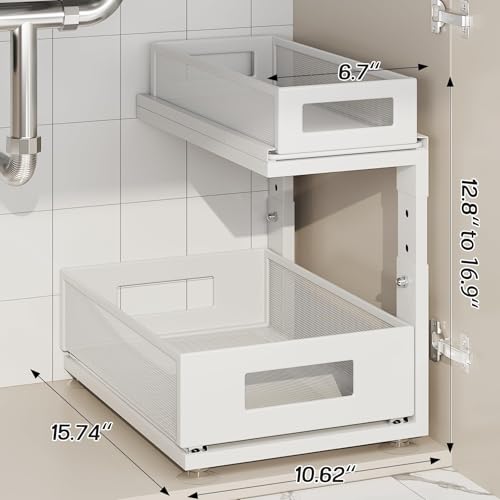 Corbyles 2 Pack Under Sink Organizer White 15.74"D x 14.4-16.4"H Adjustable 2-Tier Pull-Out Cabinet Storage