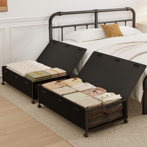 Fokyfok 2-Pack Under Bed Storage Bins with Wheels, 10-Inch Height, 31-Inch Long, Black