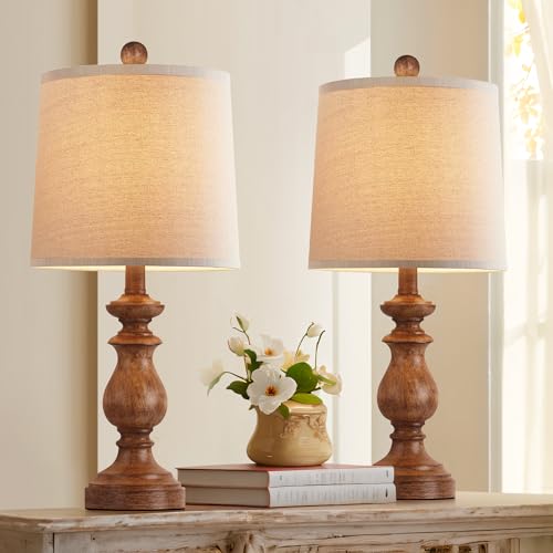 PARTPHONER Rustic Farmhouse Wood Grain Table Lamp Set of 2 - 22 Inch Linen Shade Nightstand Lamps for Living Room & Bedroom