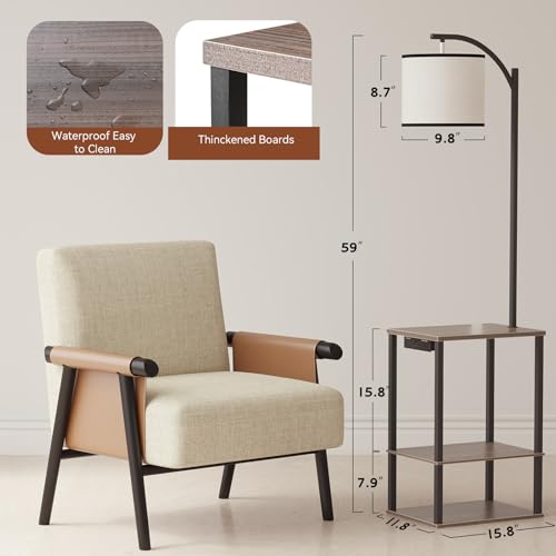 SUNMORY Grey Oak Floor Lamp with Shelves & USB Charging Station – Modern Living Room Light
