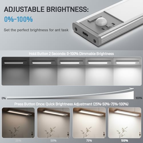 10-Inch Aluminum Under Cabinet Light - Rechargeable, Dimmable, 3 Colors, Magnetic Motion Sensor - 6 Pack