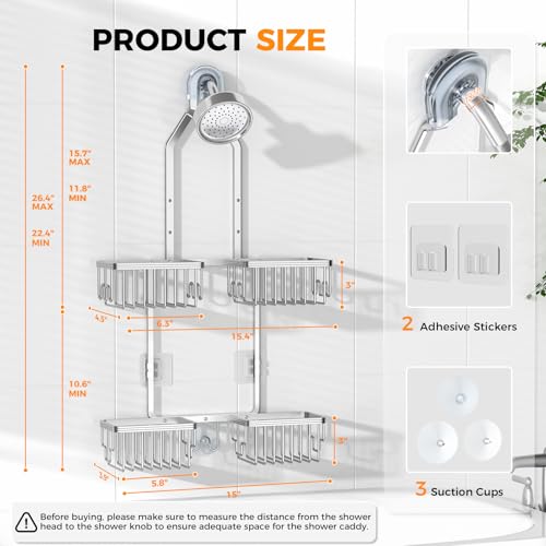 Adjustable Aluminum Shower Caddy Hanging for Handheld Showerhead - Silver, 22.4-26.4 inches