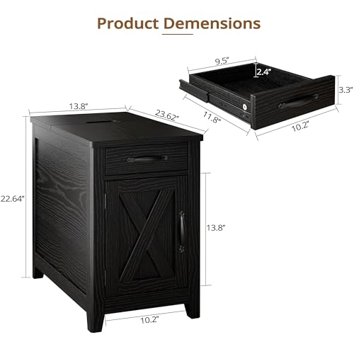 IRONCK End Table with Charging Station - Narrow Black Side Table with Storage