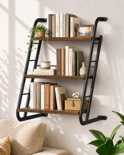 3-Tier Floating Wall Shelves - Rustic Wood Ladder Shelf, 16 Inch Brown