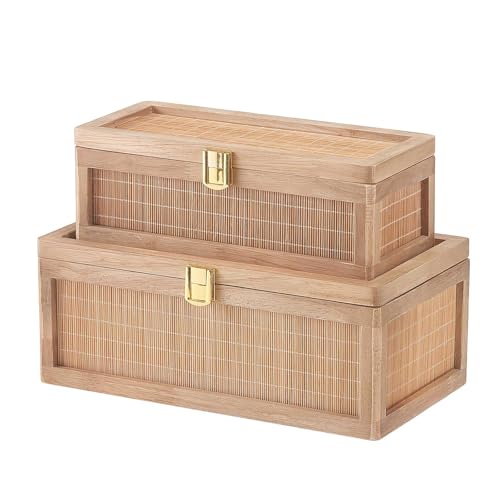 Light Brown Bamboo Decorative Box Set with Lids - 2 Pieces Boho Keepsake Storage