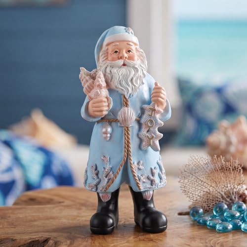 Coastal Santa Figurine 10in — Blue Coat with Seashells & Starfish Christmas Decor