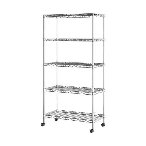 Plated Steel 5-Tier Wire Shelving Unit - 30" W x 14" D x 61.5" H, Adjustable Shelves, Mobile Design