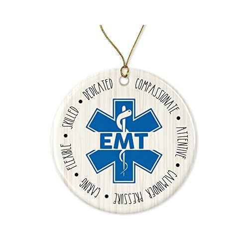 HTDesigns EMT Ornament for Christmas Tree - World's Best - Emergency Medical Technician Clinician Paramedic Ambulance First Responder Printed on Both Sides