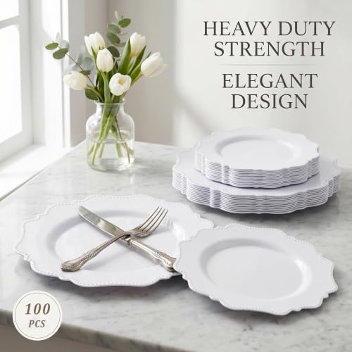 White Disposable Plastic Plates - 100 Pack, Beaded Party Dinner & Dessert Plates