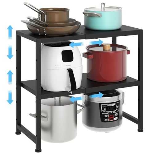 2-Tier Expandable Metal Shelving Unit - Black, 11.02"D x 23.62"W x 20.87"H, Adjustable Kitchen & Garage Organizer