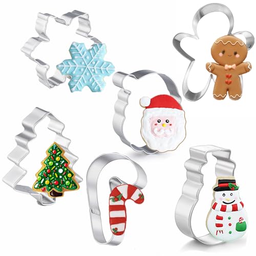 Q-BAKER 6-Piece Christmas Cookie Cutters Set, 4in Gingerbread Man Tree Snowflake Candy Cane Santa Snowman