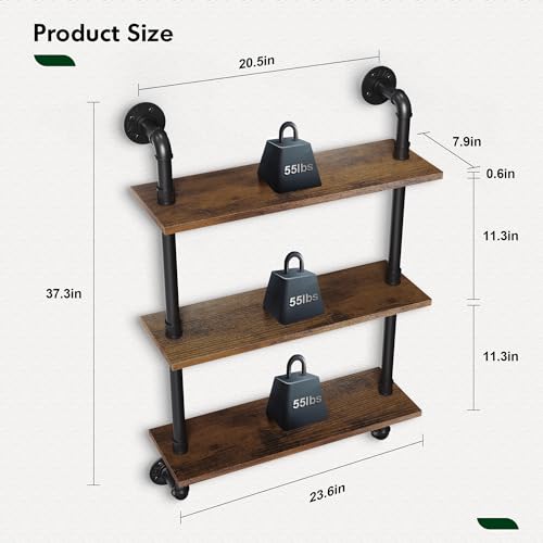 Merapi 3-Tier Rustic Industrial Wall Shelves - Floating Pipe Shelves