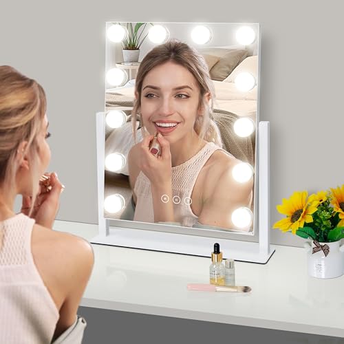 Lighted Vanity Mirror with 12 Dimmable Bulbs, 3 Color Modes, 10X Magnification, 360° Rotation - White, 16.8" L x 13.3" W