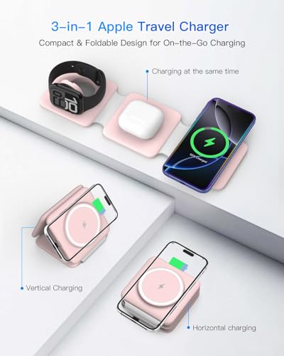 Iseyyox Pale-Pink 3-in-1 Foldable Magnetic Wireless Charging Station for Apple Devices
