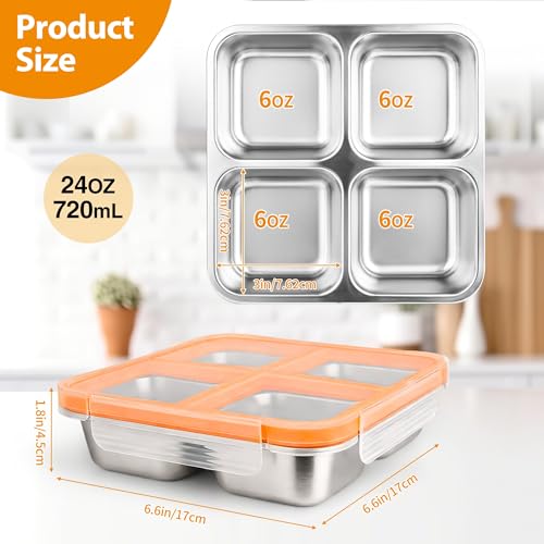 4 Pack Stainless Steel Snack Containers with Lids - 4-Compartment Leakproof Bento Boxes - Reusable Dishwasher Safe Food Storage - Variation: 4pack-a