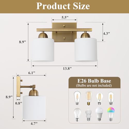Brass 2-Light Milk Glass Vanity Lights for Bathroom - Over Mirror Wall Fixture