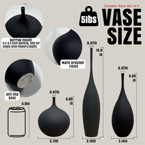 Black Ceramic Vase Set of 3 - Modern Boho Matte Minimalist Home Decor