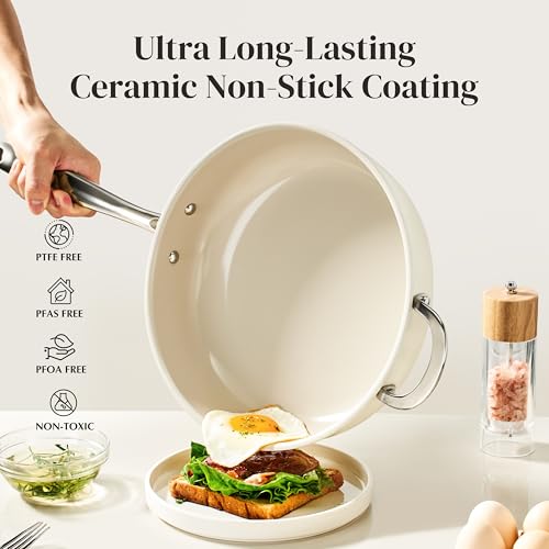 Redchef Ceramic Saute Pan with Lid - 5QT Nonstick Deep Frying Pan, 11 Inch, Beige