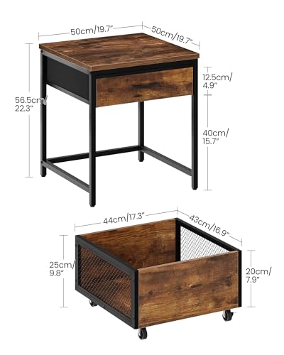 End Table with Storage and Mobile Basket - Rustic Brown & Black, 19.7 Inch Square