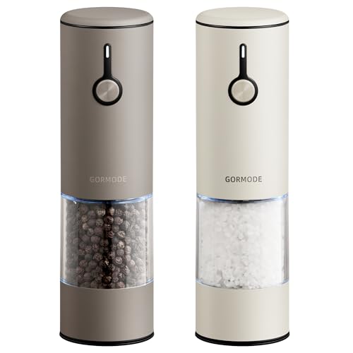 GORMODE 2-Pack Rechargeable LED Salt & Pepper Grinders, Adjustable Coarseness, One-Hand Operation, USB Charging, Dust Cover, Greige & Buttercream