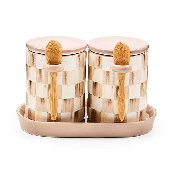Farmhouse Canister Set - Brown and White Check with Wooden Spoons - Mocha Check, Set of 2