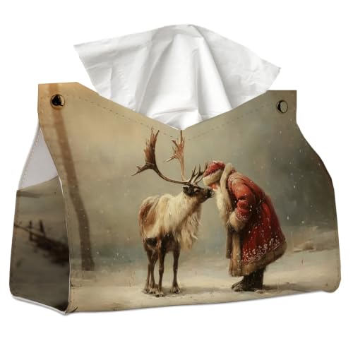 UTELKA Santa Deer Tissue Box Cover Rectangle, Winter Holder 9.8x6x7