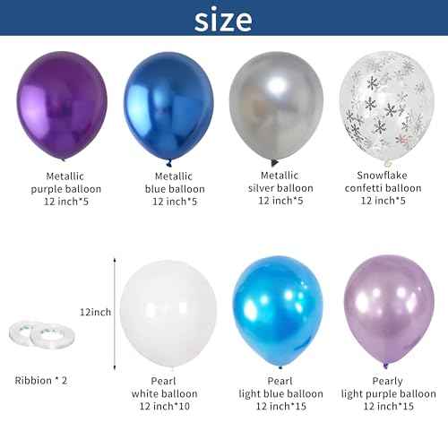 Winter Snowflake Balloons, 60 Packs 12 Inch Metallic Purple Blue White Silver Balloon with Confetti Balloon for Birthday Party Baby Shower Christmas Winter Wonderland Party Decoration