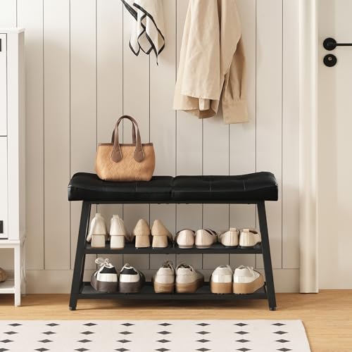 YATINEY Black 3-Tier Shoe Bench with Storage and Cushioned Seat