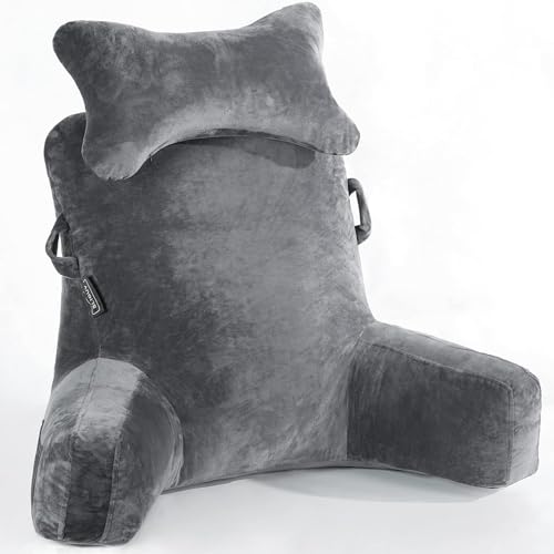 Extra Large Reading Pillow with Neck Roll - Dark Grey Bed Rest Cushion for Bed & Couch
