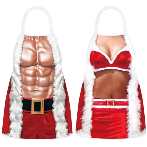 Hillban 2Pack Funny Christmas Theme Aprons for Women & Men