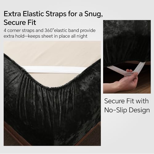 BEDELITE Velvet Fitted Sheet & Pillowcase Set Queen Black - Ultra-Soft, Luxurious Bedding