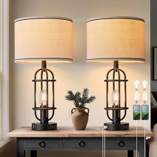 Reaketon 22.3” Farmhouse Table Lamps Set of 2 - Matte Black with USB Charging Ports