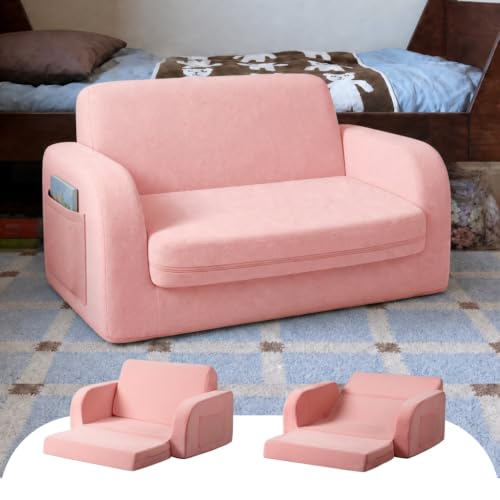 Kids Convertible Sofa Bed - Pink, 3-in-1 Flip Open Child Couch for Play & Rest - Large