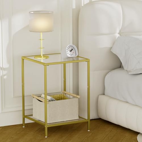 Gold Side Tables Set of 2 with Tempered Glass - Square End Tables, Modern Living Room & Bedroom Decor, 15.7"D x 15.7"W x 23.6"H