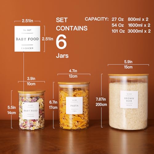 6-Pack Glass Food Storage Jars with Airtight Bamboo Lids & 132 Labels