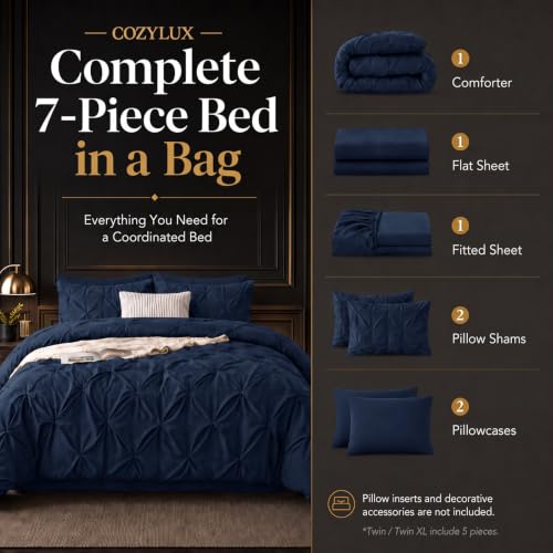 CozyLux Navy Oversized King Comforter Set 7-Piece Pintuck Bed in a Bag